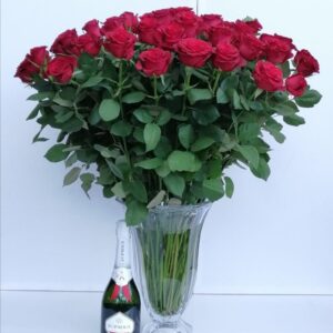 All for love Special - 100 Long Stem Roses in a Vase with Champagne