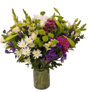 Exquisite Flowers - Large glass vases with, roses, lilies an a mix of white purple & green flowers