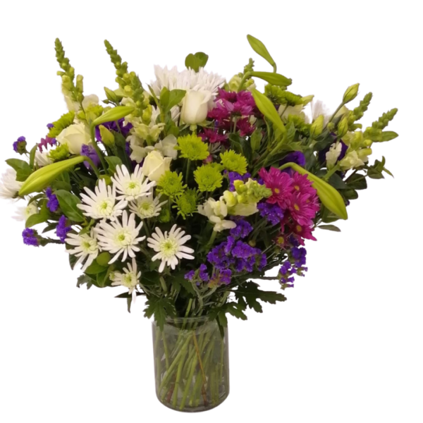Exquisite Flowers - Large glass vases with, roses, lilies an a mix of white purple & green flowers