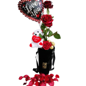 Love with Frills - 3 Red Roses in a Tall Box with Love balloon, 3 Ferrero Rocher & Teddy