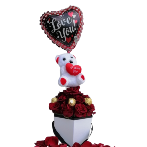 Pure Romance - 15 Red Roses in a Box with Love Balloon & 5 Ferrero Rocher