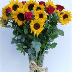 Sunshine and Roses - 10 Red Roses & 15 Sunflowers in a Vase with Raphia